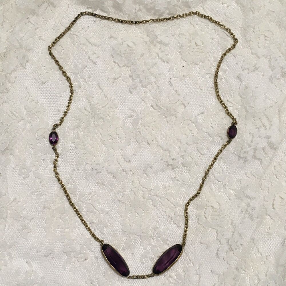 Vintage Chain Open Bezel Necklace Purple Color Stones No Clasp 28 in